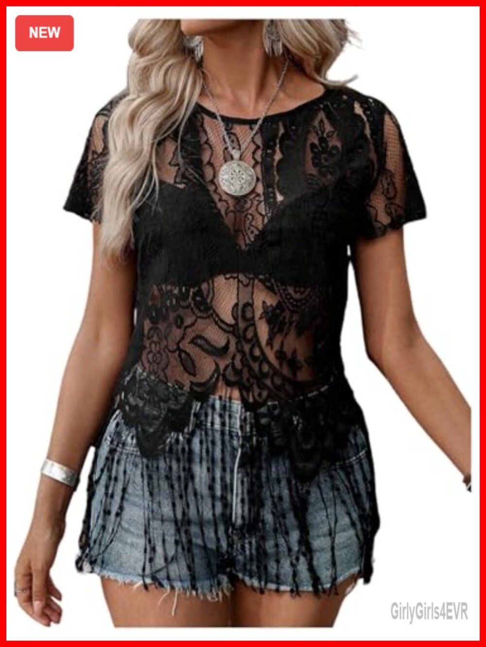 Women's Floral Lace Sheer Fringe Top